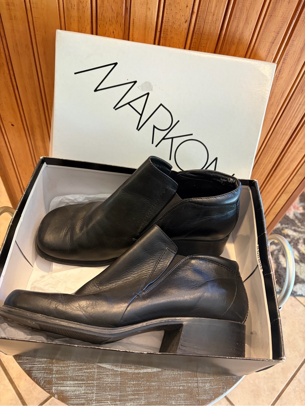 Black Leather Ankle Booties with Low Block Heel 1